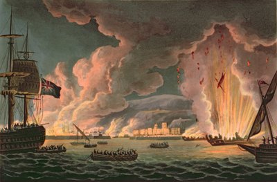 Zerstörung der französischen Flotte in Toulon, 18. Dezember 1793, graviert von Thomas Sutherland, veröffentlicht 1816 von Thomas Whitcombe